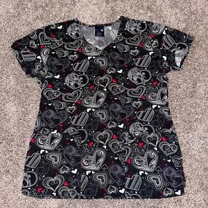Heart Patterned Black and Red Medical Scrub Top